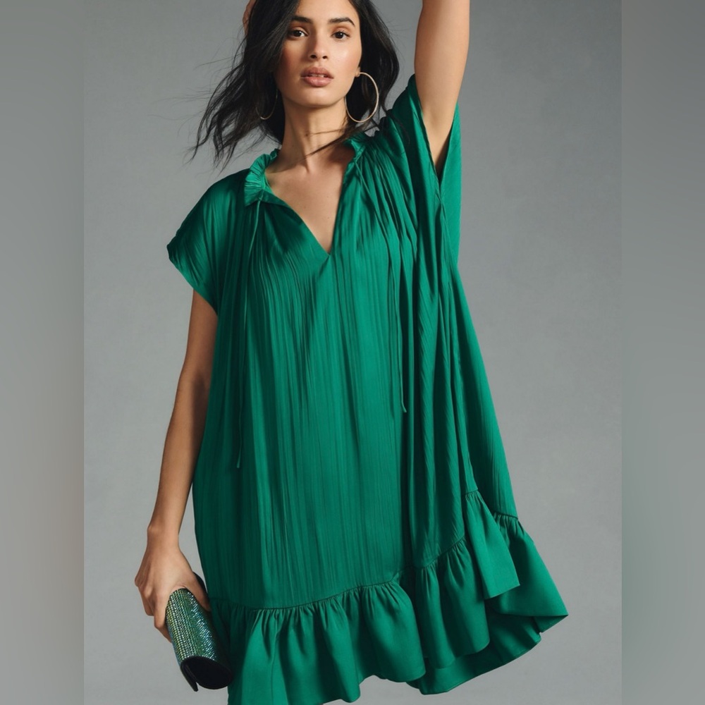 By Anthropologie Mock-Neck Swing Dress Green Mini Ruffle Pleated Size Medium